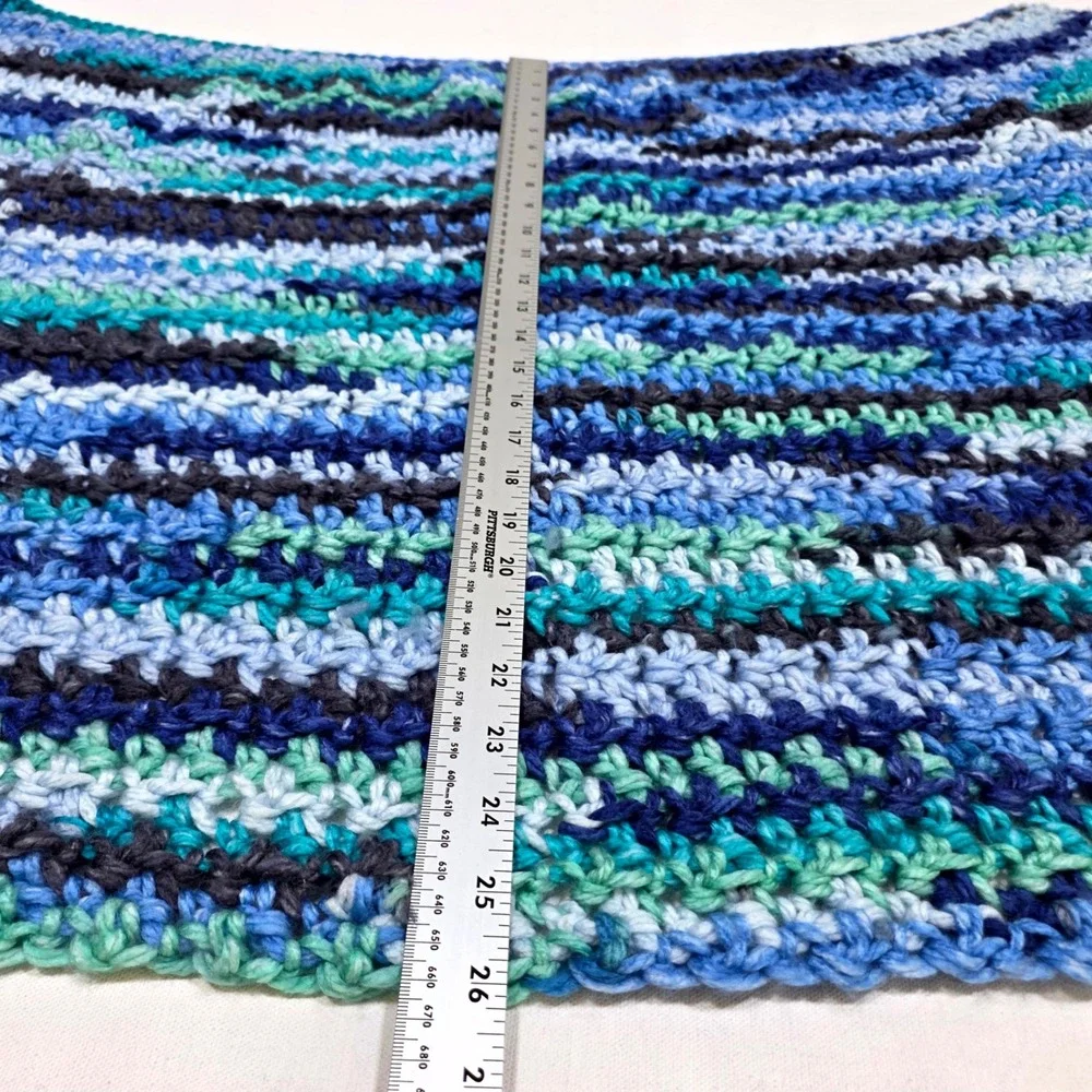 Handmade Crochet Curved Top Cowl Neck Wrap Blue Teal Navy Green Striped Yarn